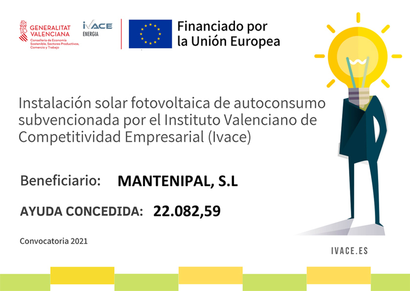 Mantenipal recibe subvención del IVACE para instalación fotovoltaica de autoconsumo. 